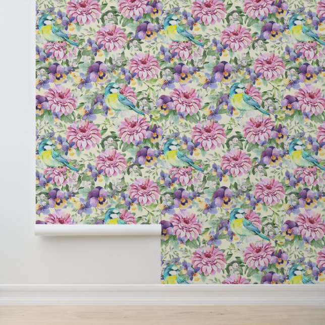 Pink Floral Zinnia Flowers Purple Pansies Birds  Wallpaper (Application)