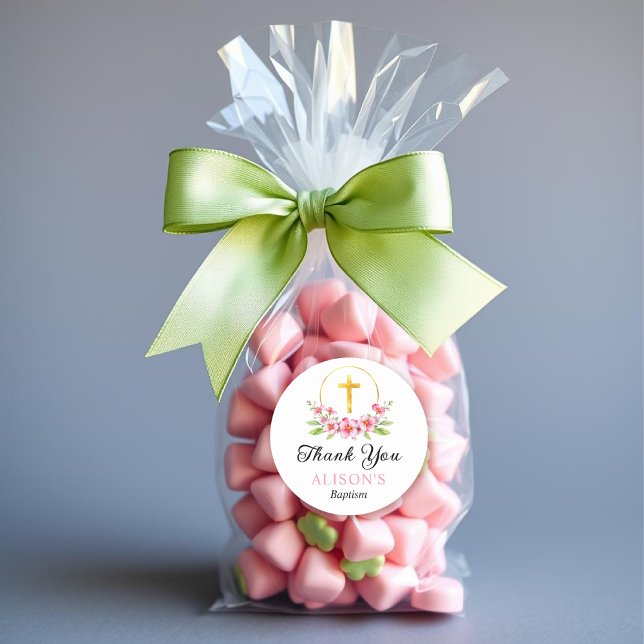 Pink florals and gold cross girl baptism Thank You Classic Round Sticker (Creator Uploaded)