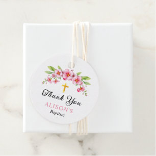 Pink florals and gold cross girl baptism Thank You Favour Tags