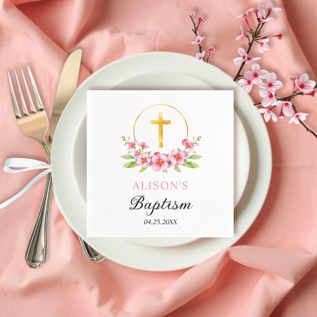 Pink florals and gold cross girl floral baptism  napkin (Creator Uploaded)