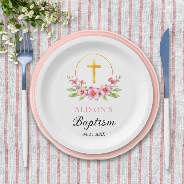 Pink florals and gold cross girl floral baptism  paper plate (Creator Uploaded)