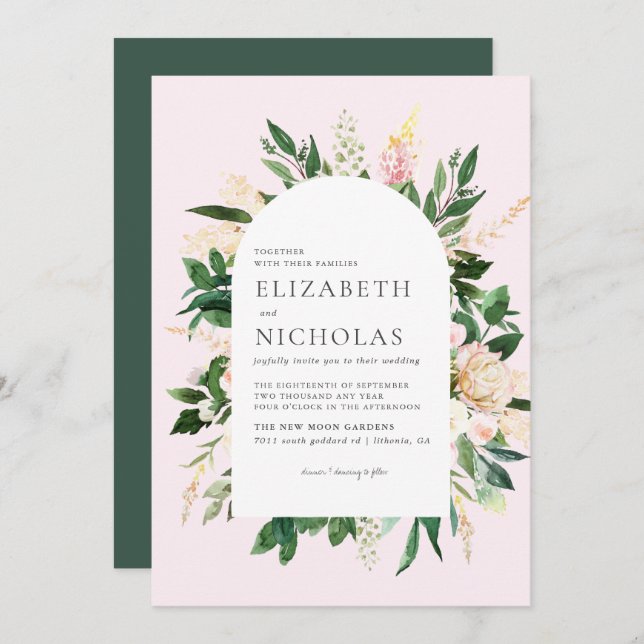 Pink Florals and Greenery Botanical Wedding Invitation (Front/Back)