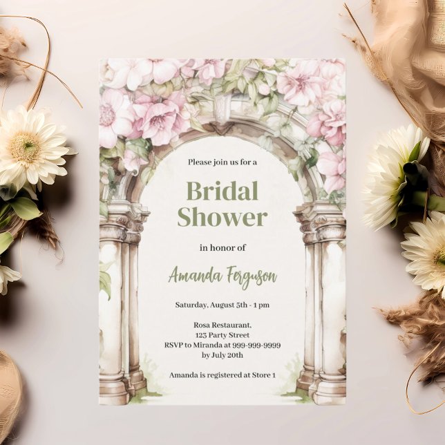 Pink florals arch beige Bridal Shower Invitation (Creator Uploaded)