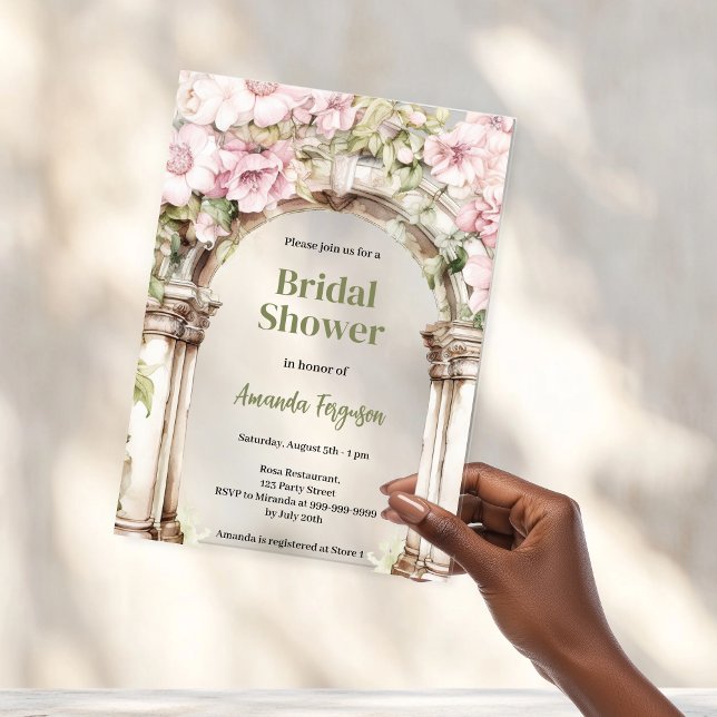 Pink florals arch beige clear Bridal Shower Acrylic Invitations (Creator Uploaded)
