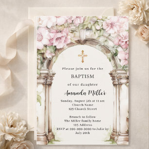 Pink florals arch beige girl Baptism Invitation