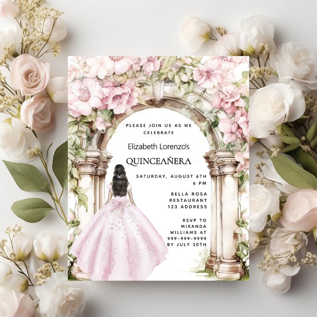 Pink florals arch dress Quinceanera invitation (Creator Uploaded)