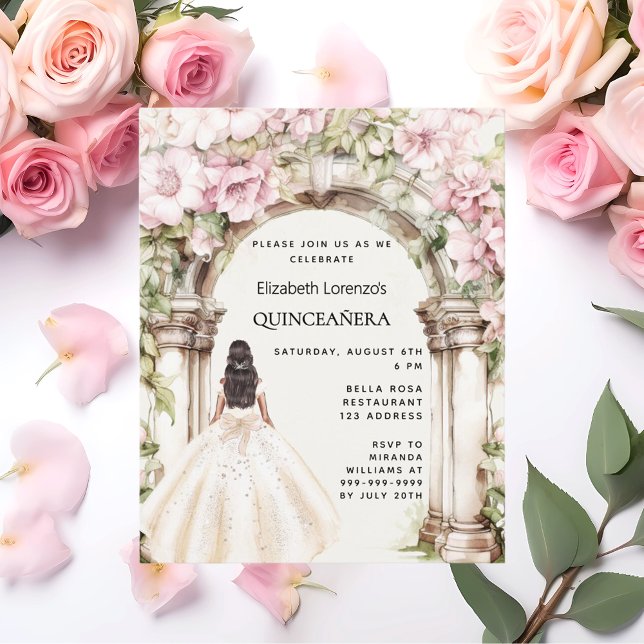 Pink florals arch dress Quinceanera invitation (Creator Uploaded)