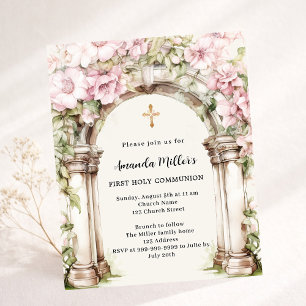 Pink florals arch girl First Communion invitation