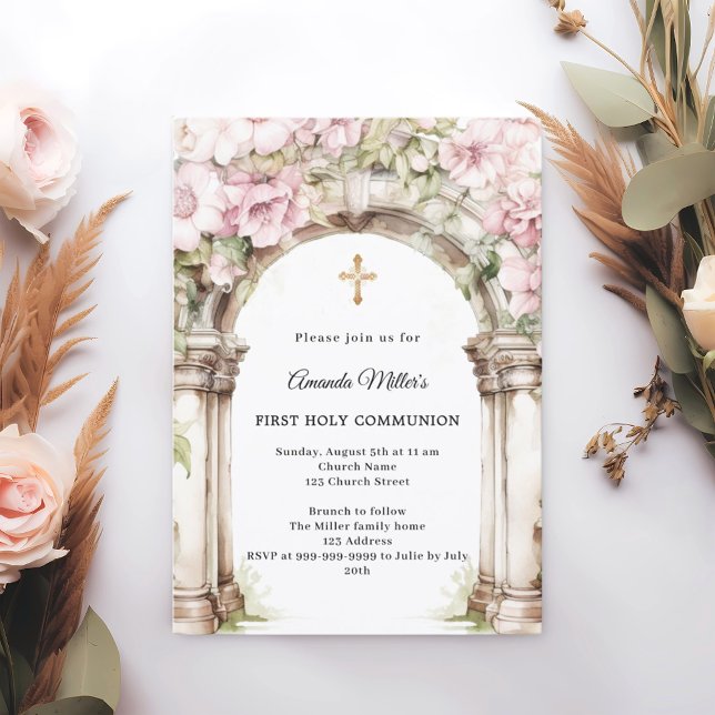 Pink florals arch girl First Communion Invitation (Creator Uploaded)