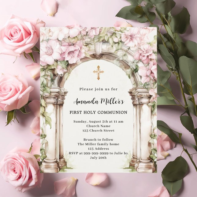 Pink florals arch girl First Communion invitation (Creator Uploaded)
