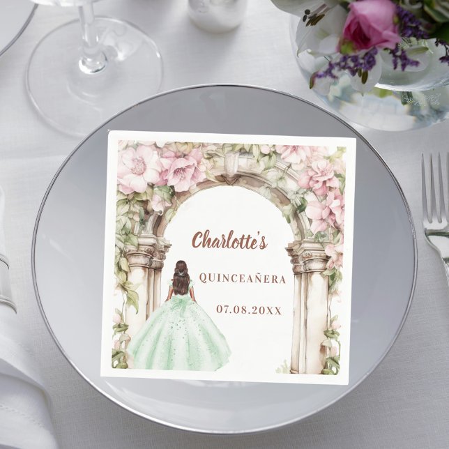 Pink florals arch green dress Quinceanera luncheon Napkin (Creator Uploaded)