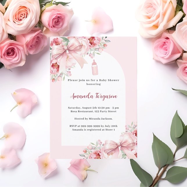 Pink florals bow arch baby bottle Baby Shower Invitation (Creator Uploaded)