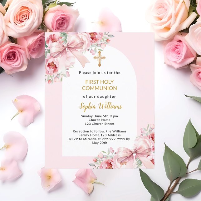 Pink florals bow arch First Communion invitation (Creator Uploaded)