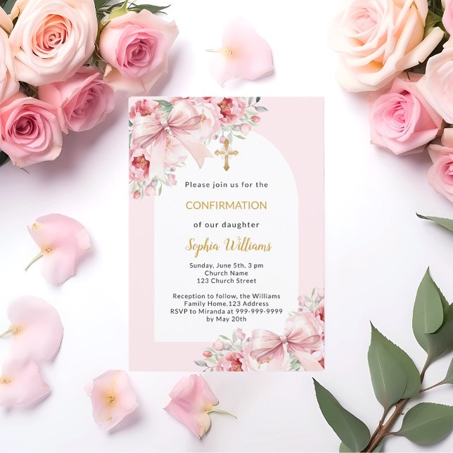 Pink florals bow arch girl Confirmation Invitation (Creator Uploaded)