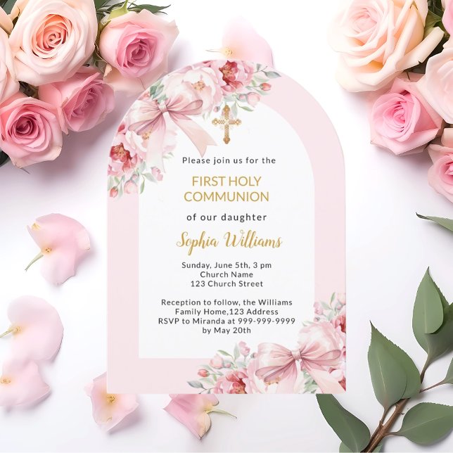 Pink florals bow arch girl First Communion Invitation (Creator Uploaded)