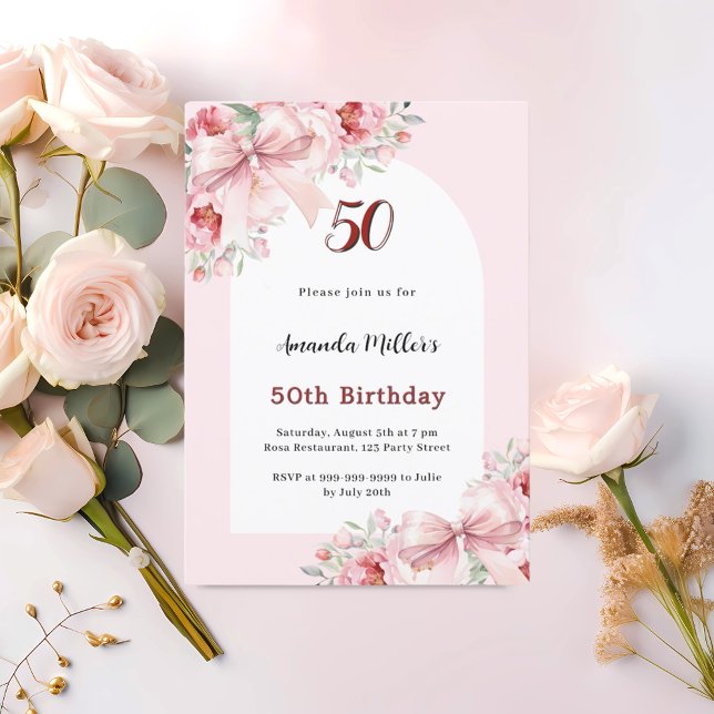 Pink florals bows arch luxury birthday invitation (Creator Uploaded)