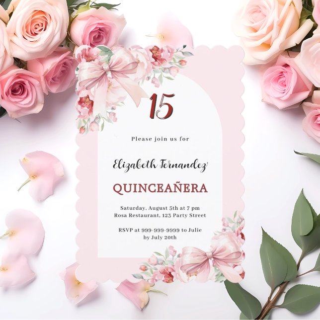 Pink florals bows arch Quinceanera scalloped Invitation (Creator Uploaded)