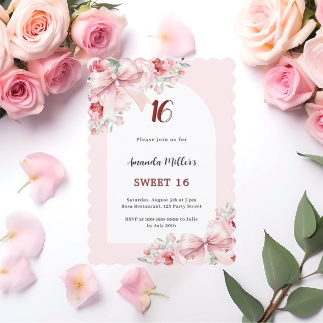 Pink florals bows arch scalloped Sweet 16 Invitation (Creator Uploaded)