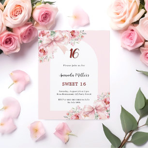 Pink florals bows arch Sweet 16 invitation