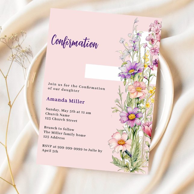 Pink florals cross girl Confirmation Invitation (Creator Uploaded)
