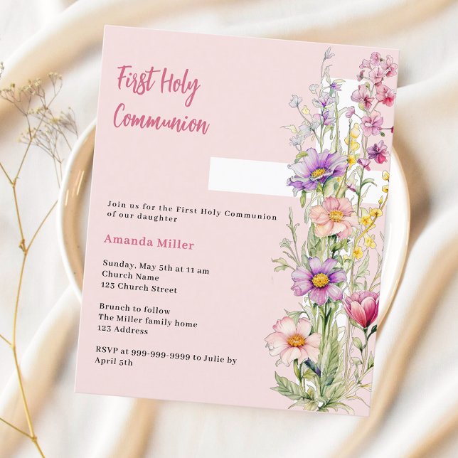 Pink florals cross girl First Communion invitation (Creator Uploaded)