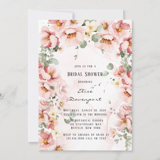 Pink Florals Elegant Eucalyptus Bridal Shower Invitation (Front)