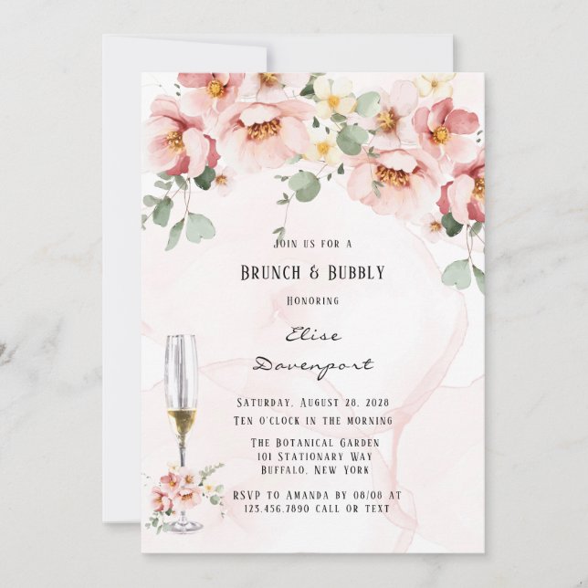 Pink Florals Elegant Eucalyptus Brunch & Bubbly Invitation (Front)