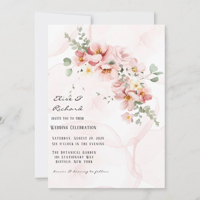 Pink Florals Elegant Eucalyptus Wedding Invitation (Front)