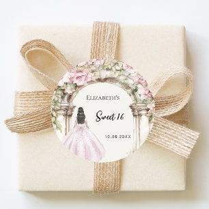 Pink florals garden marble arch dress Sweet 16 Classic Round Sticker