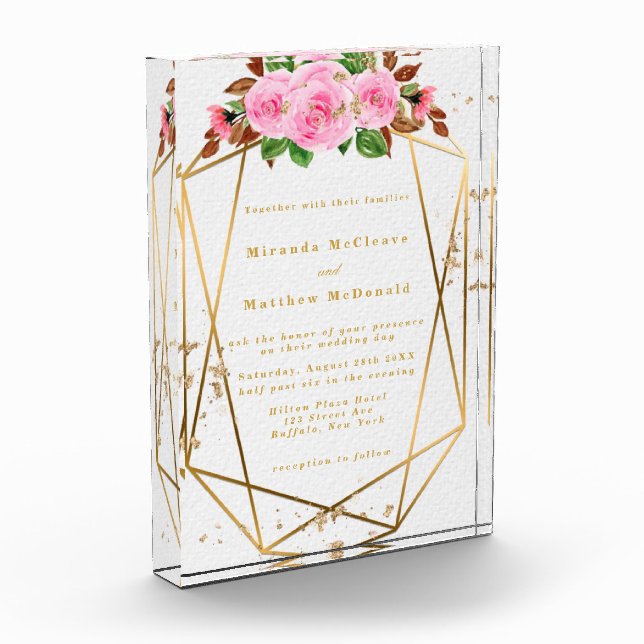 Pink Florals Geometric Keepsake Wedding Invite Photo Block (Left)