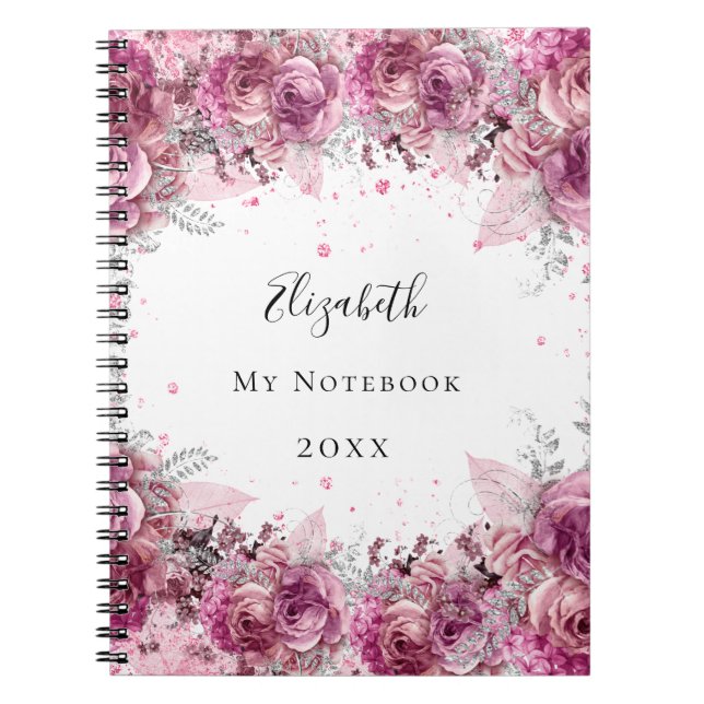 Pink florals glitter dust name white notebook (Front)