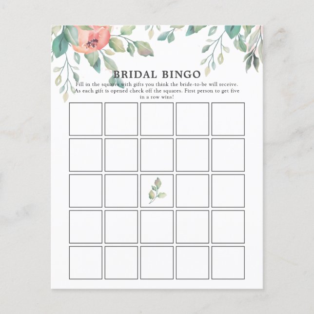 Pink Florals Greenery Bridal Shower Bingo Game (Front)