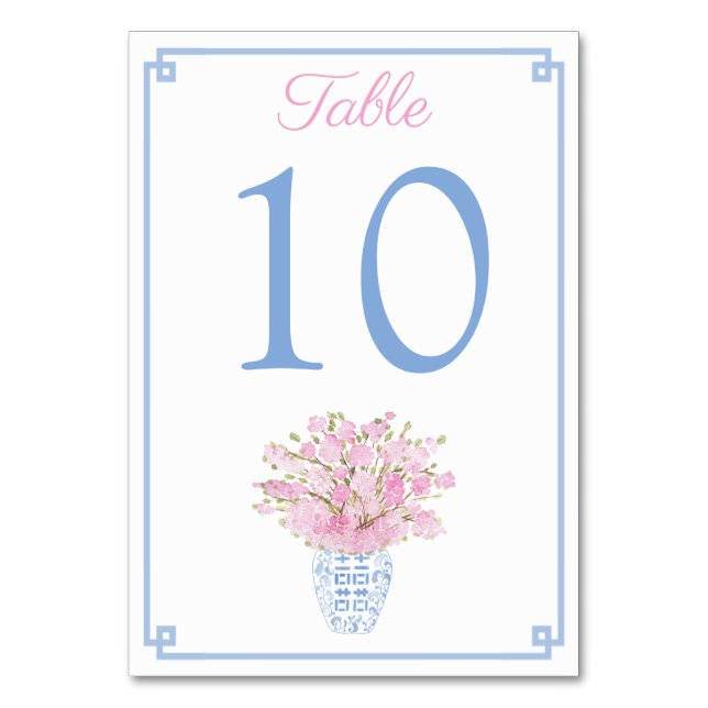 Pink Florals In Blue & White Ginger Jar Wedding Table Number (Front)