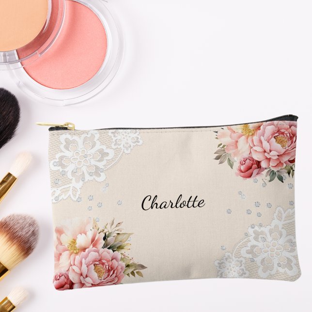 Pink florals lace peach beige accessory pouch (Creator Uploaded)