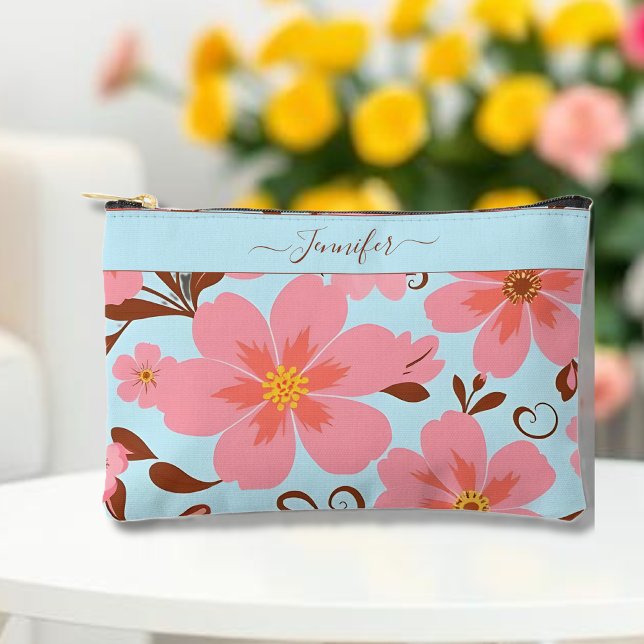 Pink Florals– Pastel Vibes-Retro Flowers Accessory Pouch (Pink Floral Mood –Pastel Vibes  Accessory Pouch-Personalize)