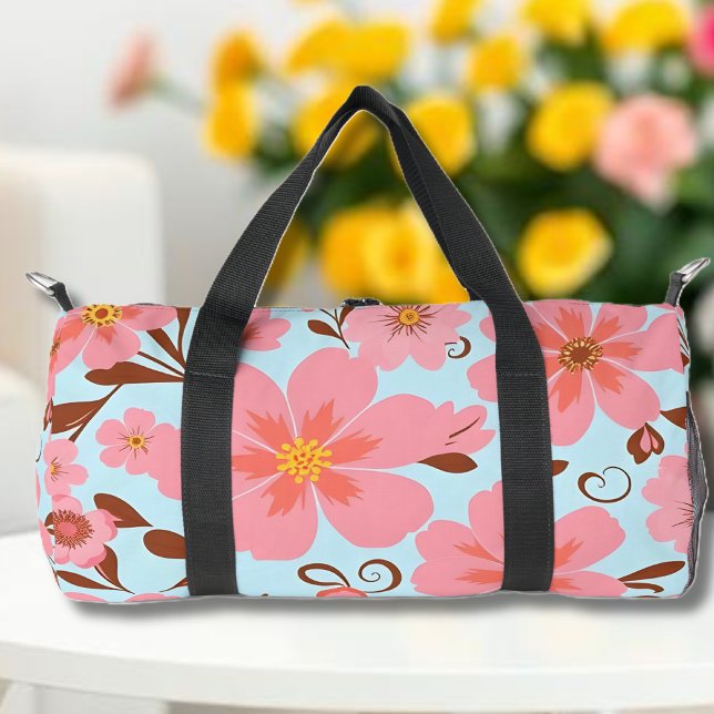 Pink Florals– Pastel Vibes-Retro Flowers Duffle Bag (Pink Floral Mood –Pastel Vibes-Pastel pink blue and mocha chocolate- Duffle Bag )