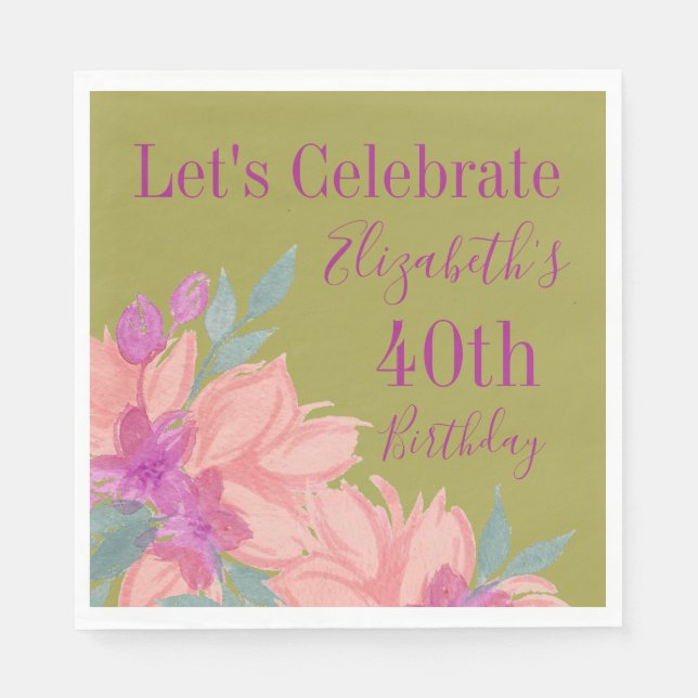 Pink Florals Personalised 40th Birthday Napkins (Front)