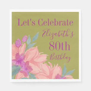 Pink Florals Personalised 80th Birthday Napkins