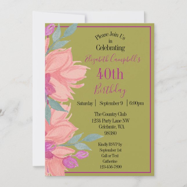 Pink Florals Personalised Birthday Invitation (Front)