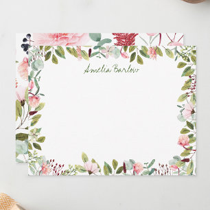 Pink Florals Personalised Flat Note Card