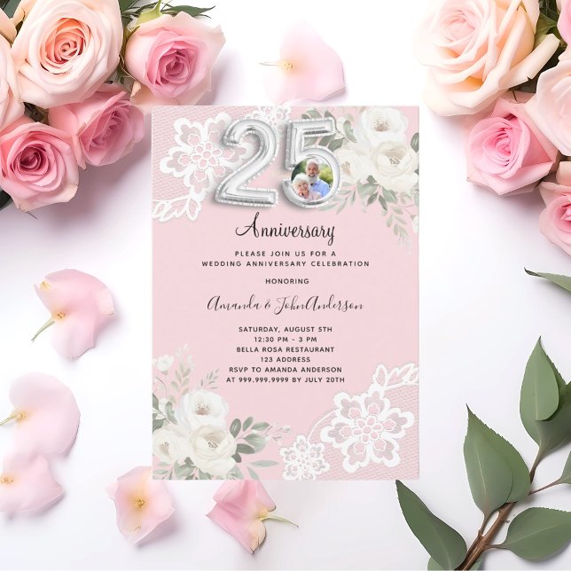 Pink florals photo 25th wedding anniversary invitation (Creator Uploaded)