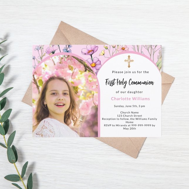 Pink florals photo arch girl First Holy Communion Invitation (Creator Uploaded)
