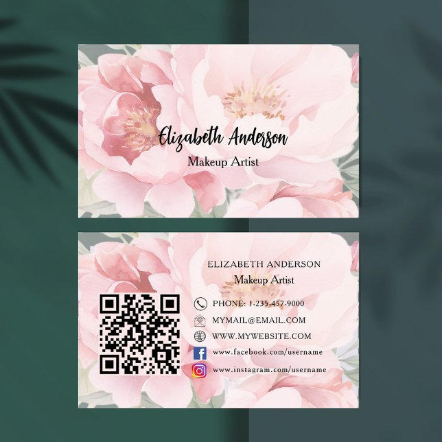 Pink florals QR code premium Business Card (Creator Uploaded)