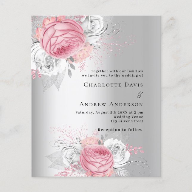 Pink florals silver budget wedding invitation (Front)