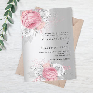 Pink florals silver luxury wedding invitation