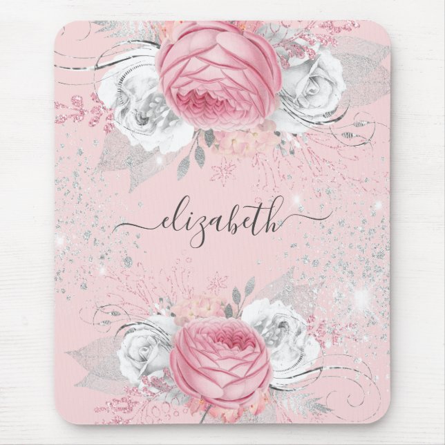 Pink florals silver monogram script mouse pad (Front)