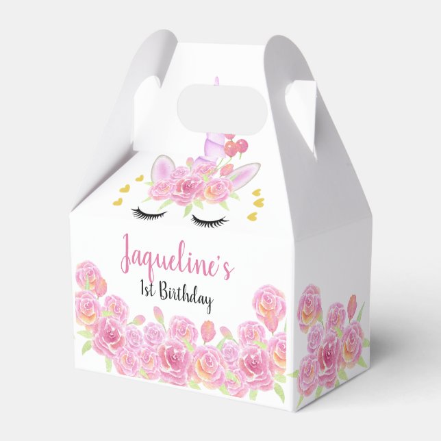 Pink Florals Unicorn Gold Hearts Birthday Favour Box (Front Side)