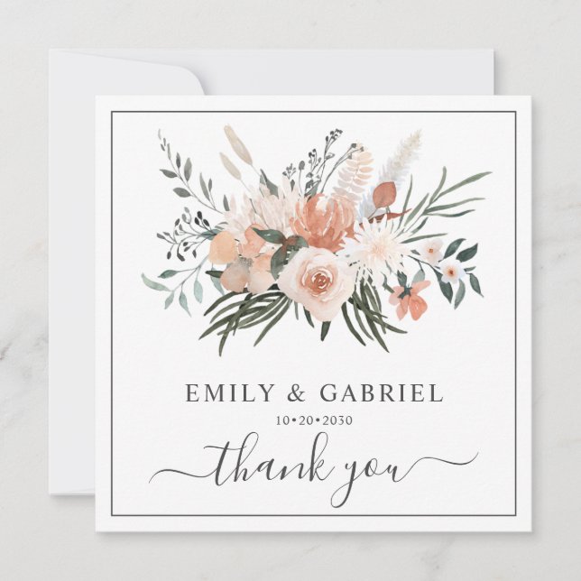 Pink Florals Wedding  Thank You Card (Front)