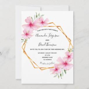 Pink florals white gold geometric wedding invitation