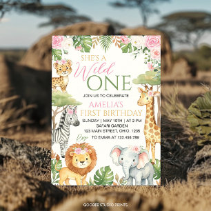 Pink Florals Wild One Jungle Animals Birthday Invitation
